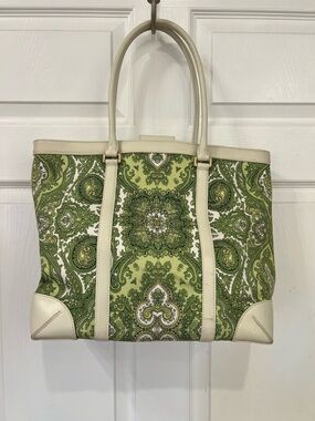 Ann Taylor Green Paisley Canvas Tote with Cream Trim
